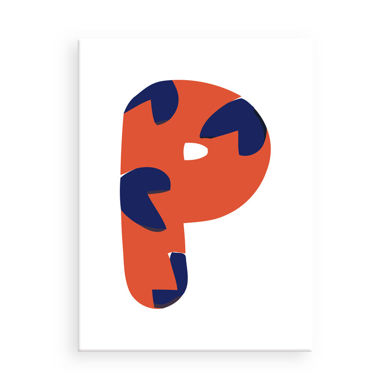 Letter 'P' with orange body and blue accents on a white background