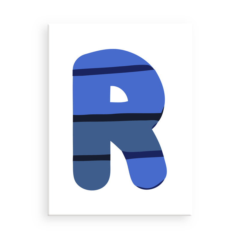 Blue letter 'R' with horizontal stripes on a white background