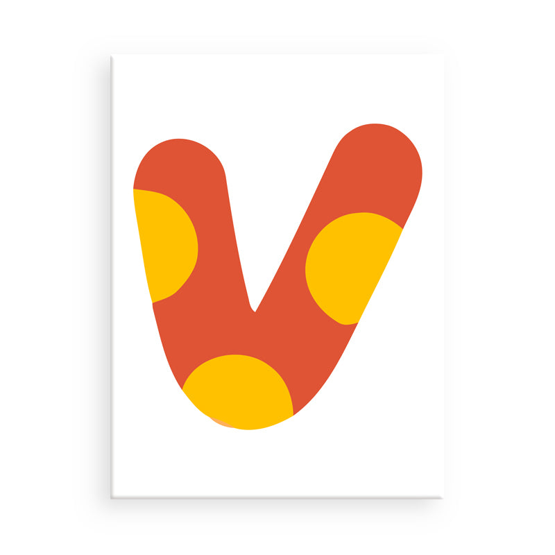 Letter 'V' with red background and yellow dots on a white background