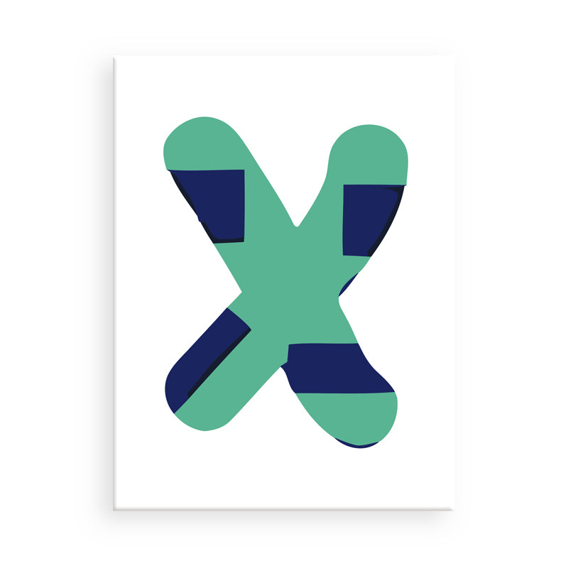 Geometric design of a large letter 'X' in green and blue on a white background