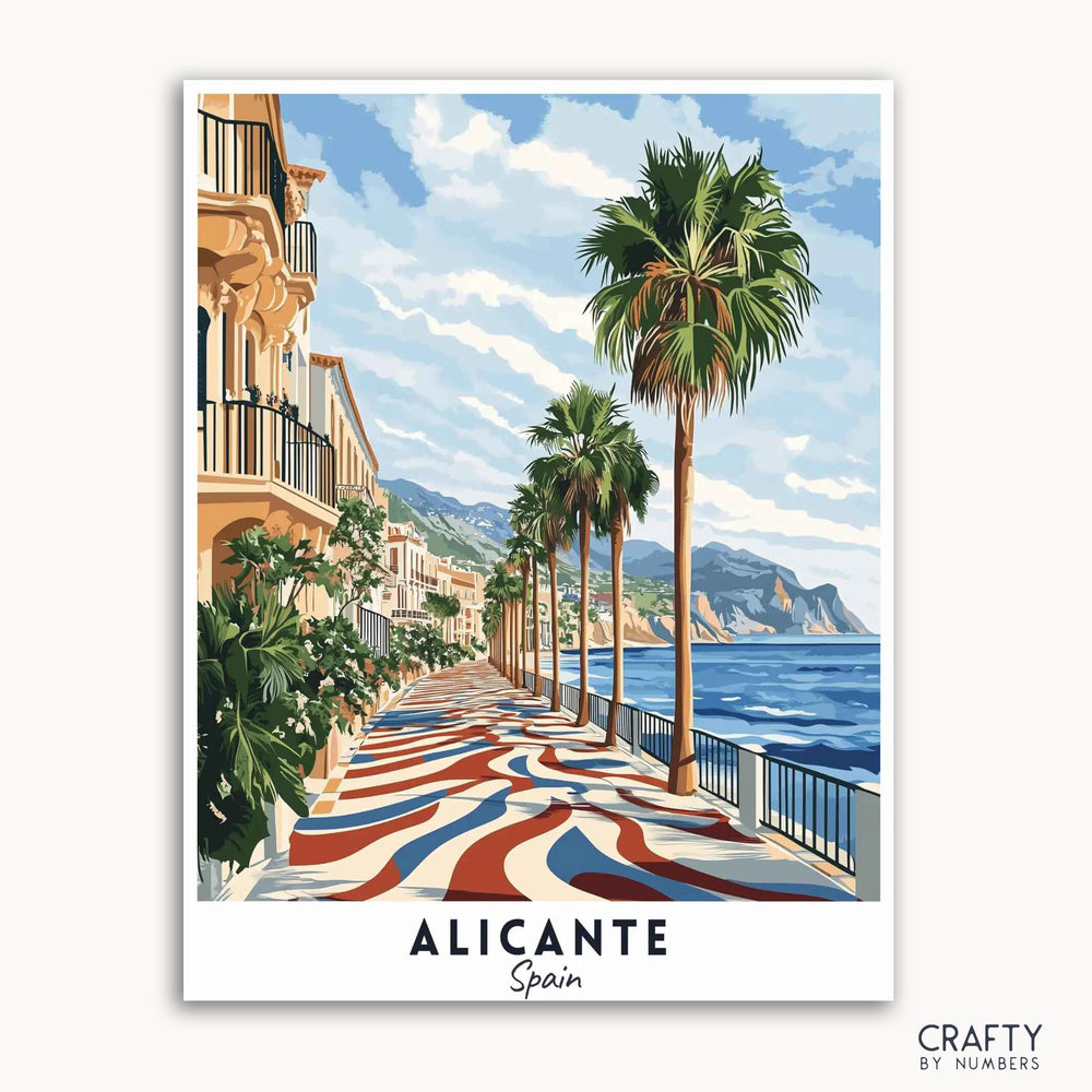 A vibrant travel poster depicting the Explanada de España in Alicante, Spain, with palm trees, a promenade, and the Mediterranean Sea in the background.
