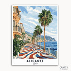 A vibrant travel poster depicting the Explanada de España in Alicante, Spain, with palm trees, a promenade, and the Mediterranean Sea in the background.