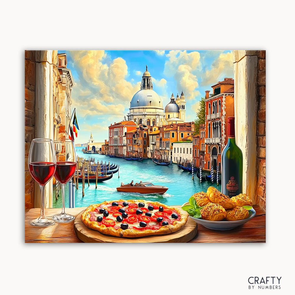 A paint by numbers kit depicting a vibrant scene with a pizza, wine glasses, and a view of Venice, including famous landmarks like St. Mark's Basilica and gondolas on the Grand Canal.