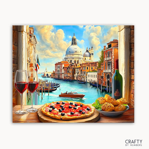 A paint by numbers kit depicting a vibrant scene with a pizza, wine glasses, and a view of Venice, including famous landmarks like St. Mark's Basilica and gondolas on the Grand Canal.