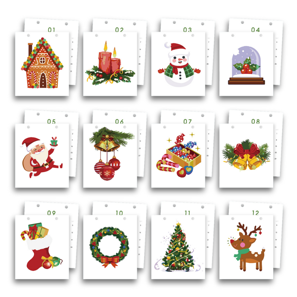  Calendario de Adviento con ilustraciones navideñas sobre fondo blanco.
