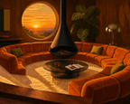 An orange sunken lounge with a suspended fireplace and a round window framing the sunset.