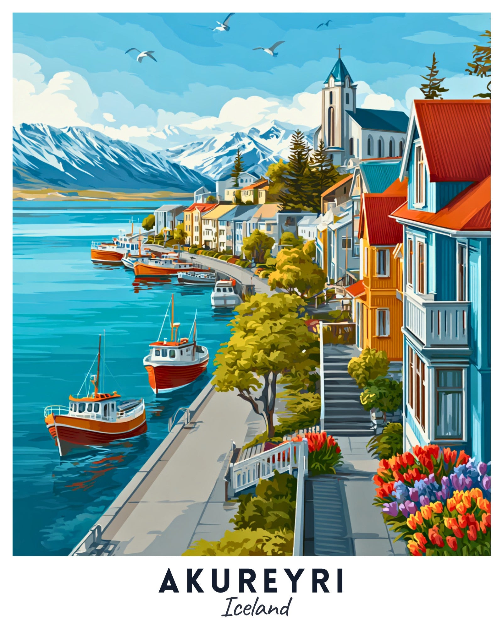 Colorful illustration of a coastal town with boats and mountains in the background, featuring the text 'Akureyri, Iceland'.