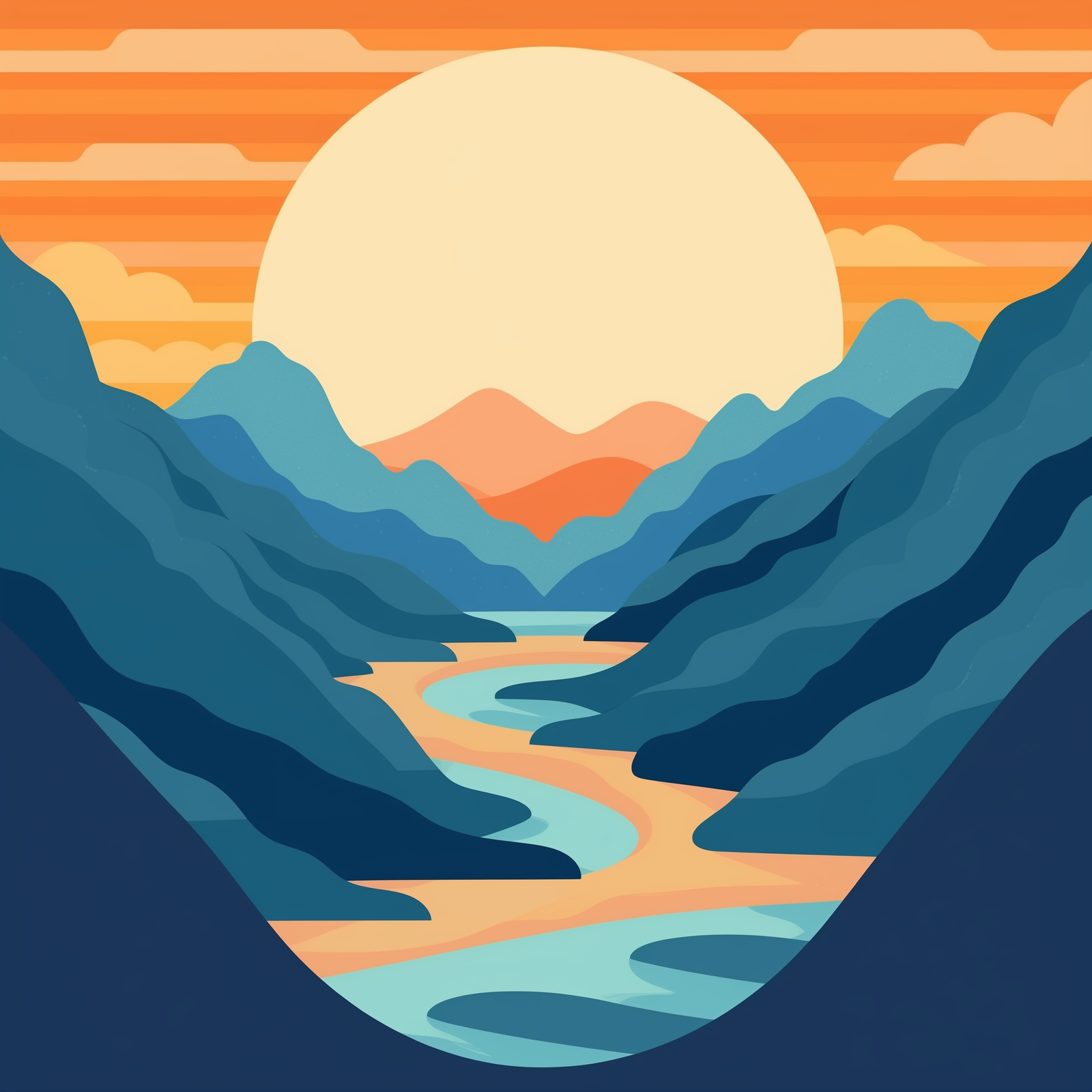 Ein Malen-nach-Zahlen-Set, das eine Bergkette mit einer leuchtenden Sonne und einem gewundenen Fluss in einer warmen Farbpalette darstellt.