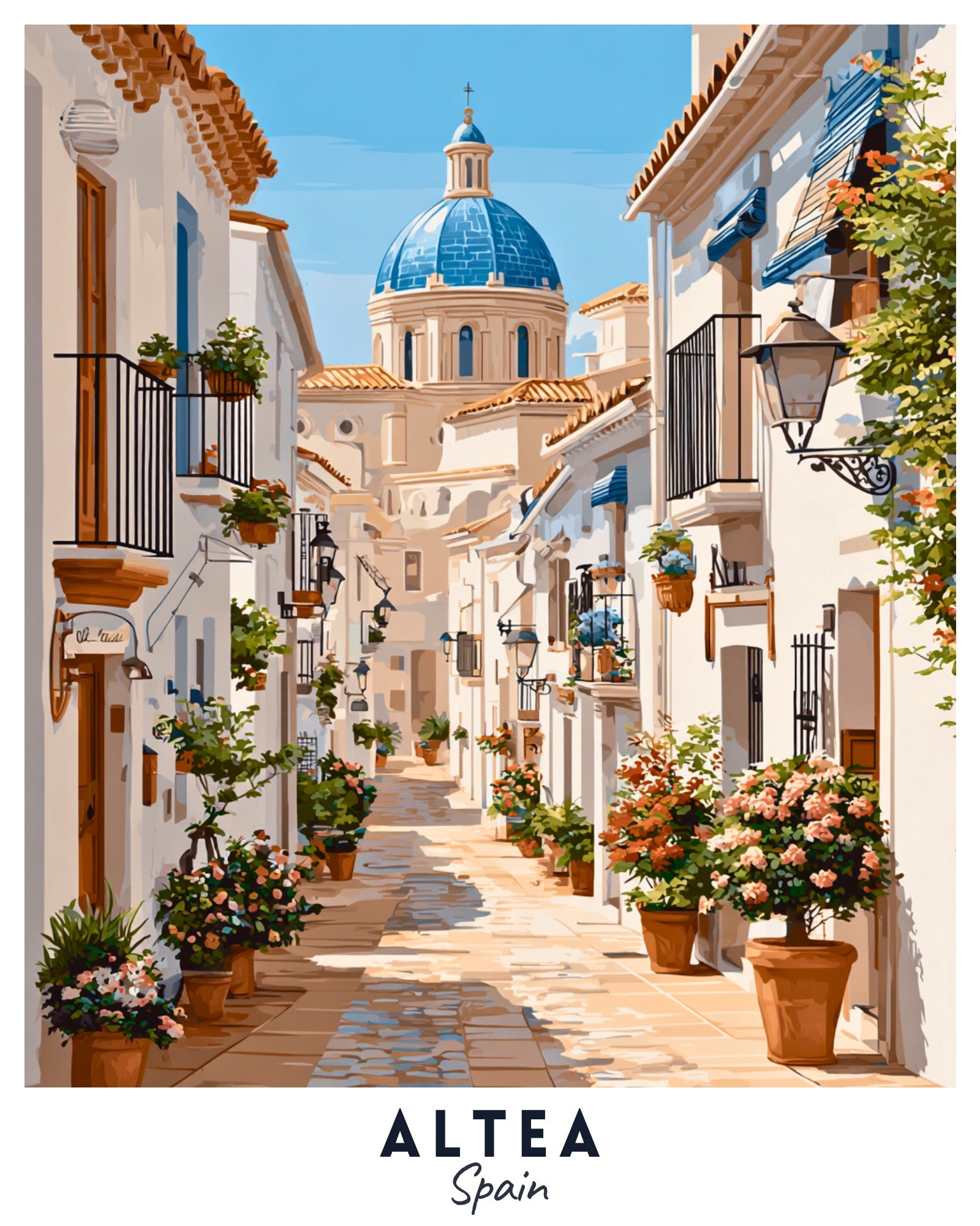 Tiled street in Altea, Spain with white buildings and blue dome