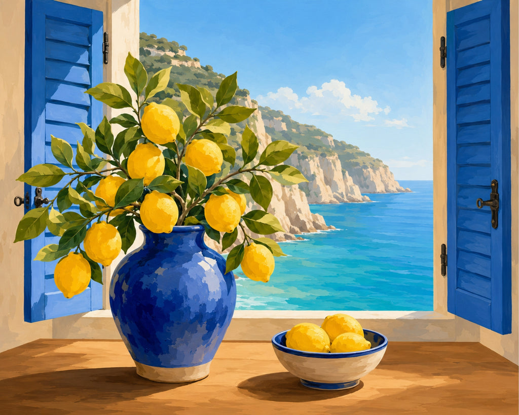 Pintura terminada de la mesa de la mañana de Amalfi por números, obra de arte
