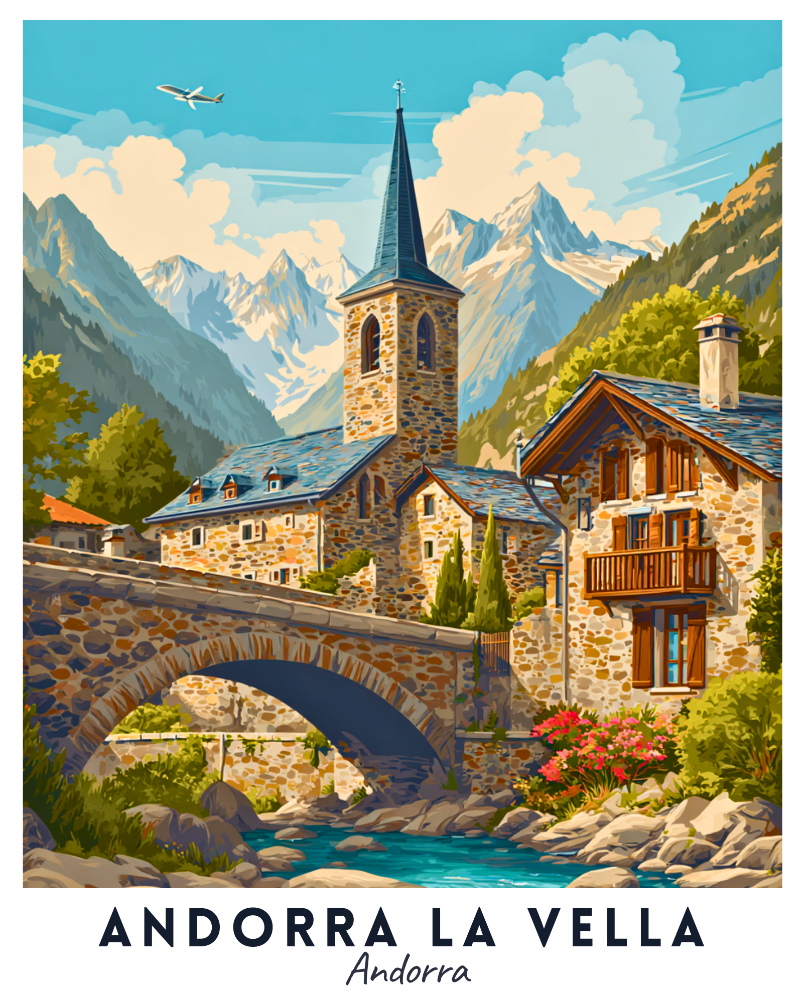 Scenic view of Andorra la Vella with a church, bridge, and mountains.
