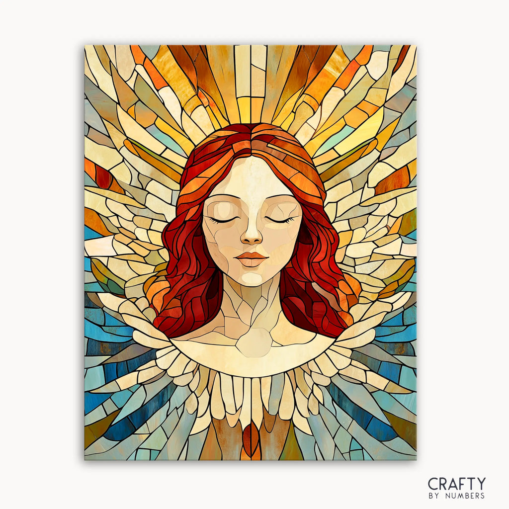 A paint by numbers kit image of an angel with closed eyes, depicted in a stained-glass style with vibrant colors and golden rays around the head.