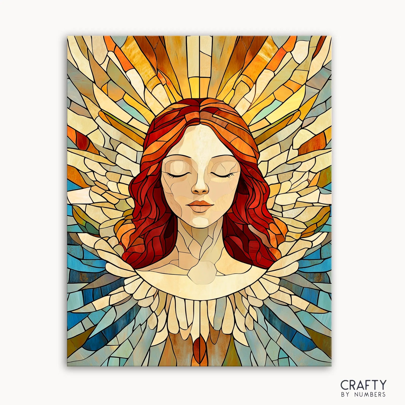 Un kit de peinture par numéros représentant un ange aux yeux fermés, représenté dans un style vitrail avec des couleurs vives et des rayons dorés autour de la tête.