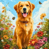 Golden retriever paint by numbers kit with colorful flowers and bright cheerful scene