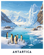 Illustration of penguins on ice with a snowy landscape and mountains in the background, featuring the word 'ANTARTICA'.