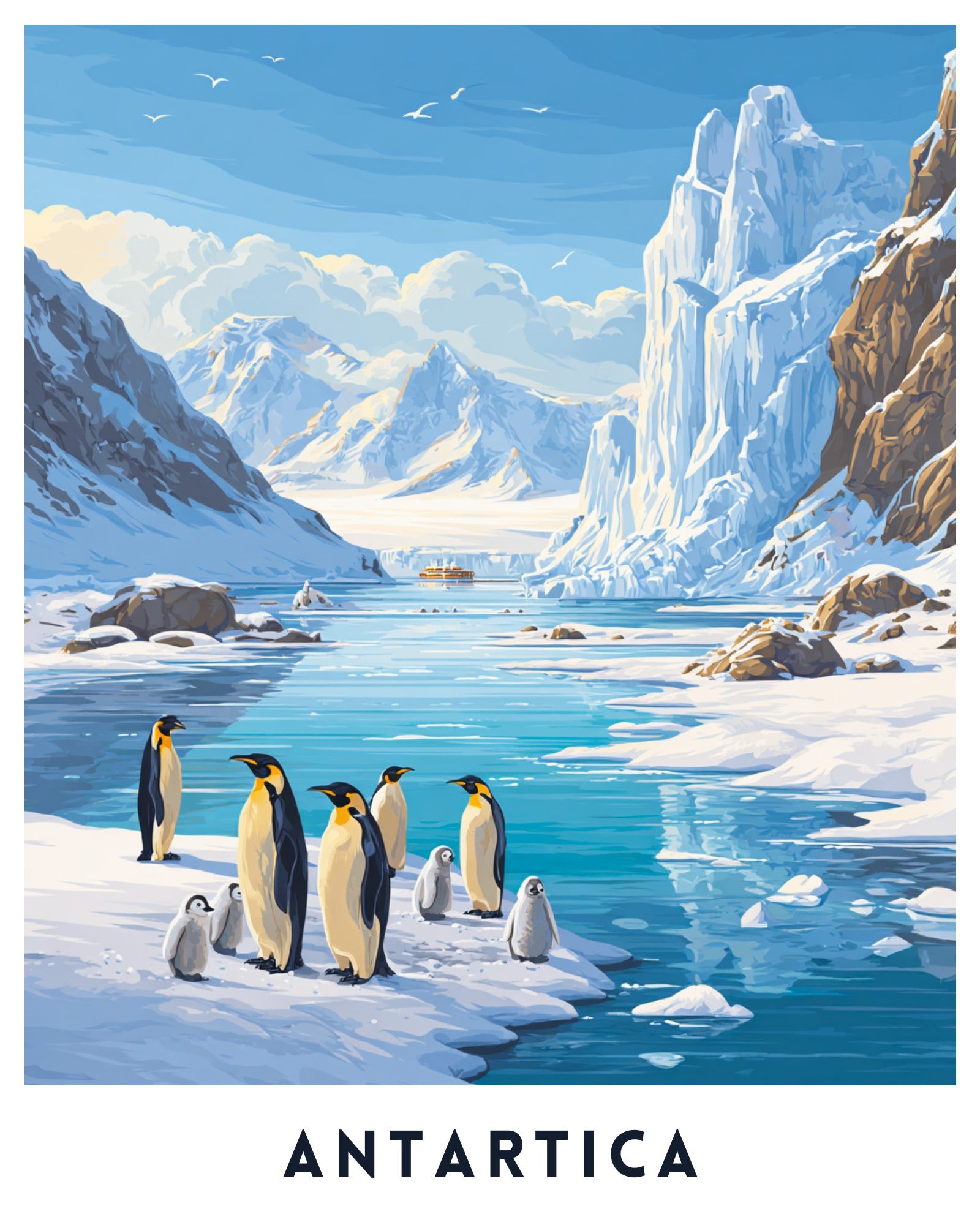 Illustration of penguins on ice with a snowy landscape and mountains in the background, featuring the word 'ANTARTICA'.