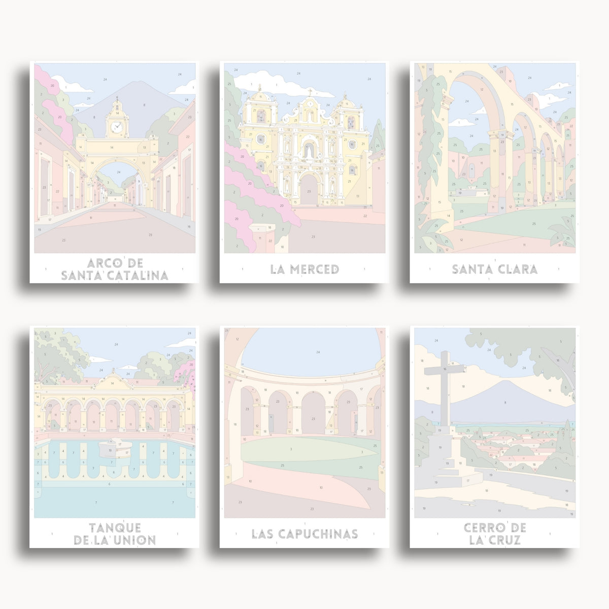 Antigua Guatemala travel poster mini paint by numbers collection