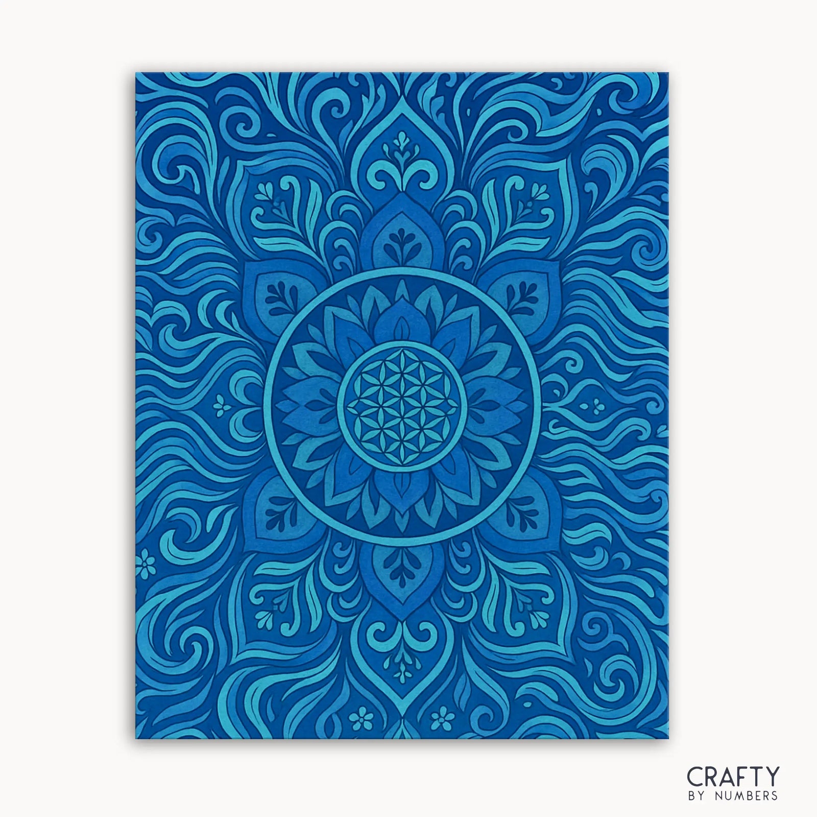 Aqua Aura Mandala Malen-nach-Zahlen-Set mit einem ruhigen Mandala-Design mit fließenden Kurven und beruhigenden Blau- und Türkistönen, inspiriert von Wasser und Energie