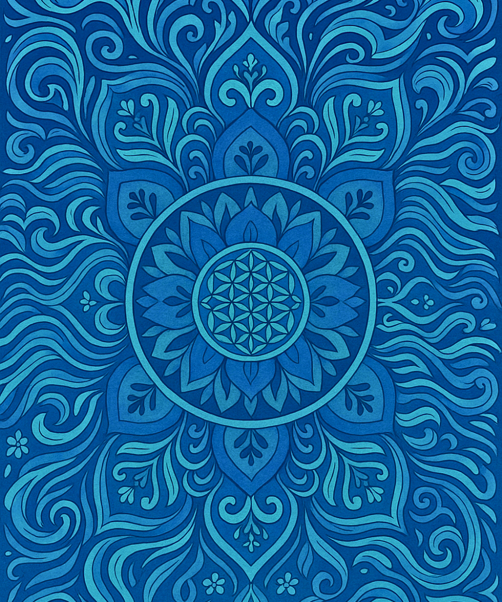 Nahaufnahme der Leinenleinwand „Aqua Aura Mandala“ mit detaillierten nummerierten Abschnitten für einfaches und präzises Malen