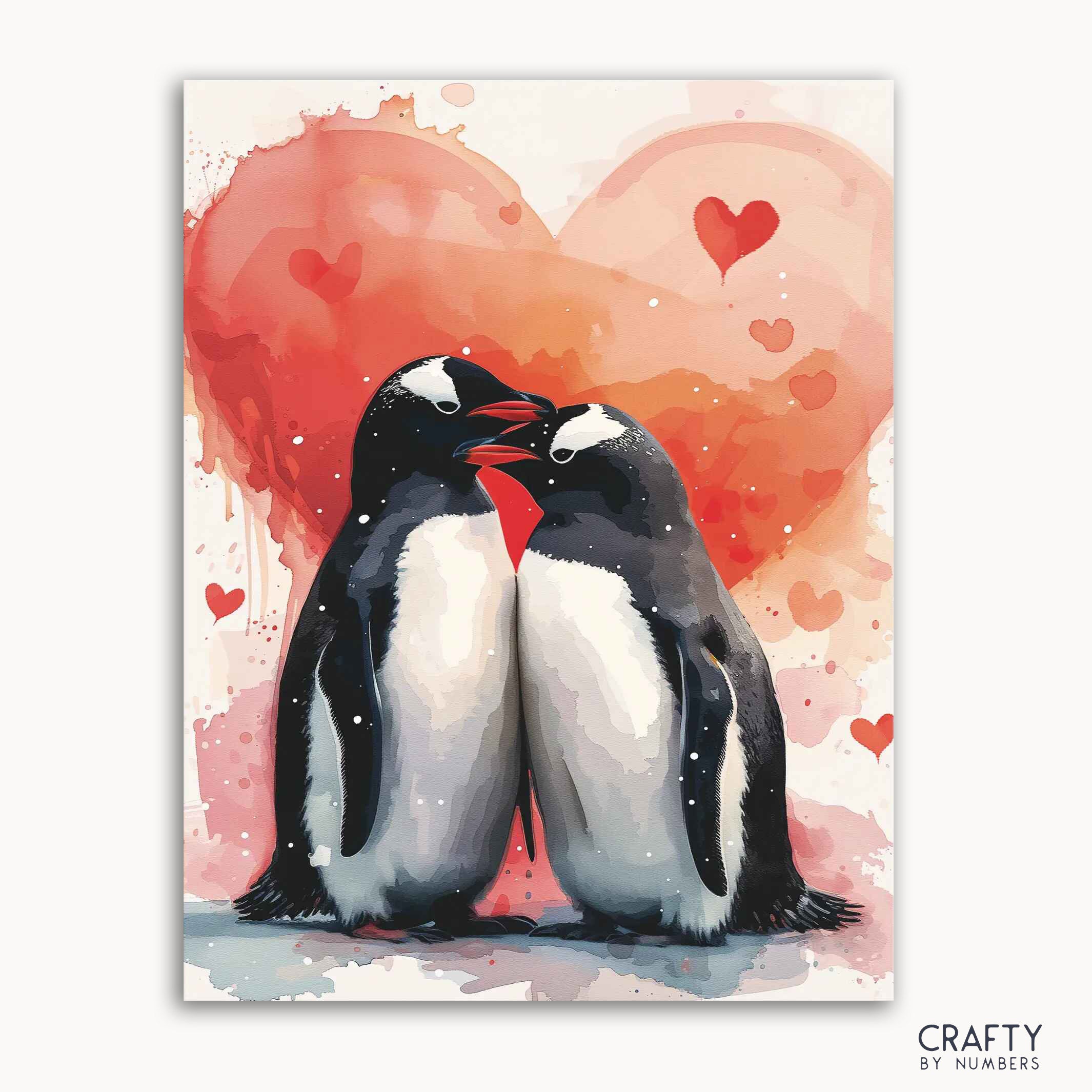 A paint-by-numbers kit depicting two penguins in front of a backdrop with heart shapes and a whimsical arctic scene.