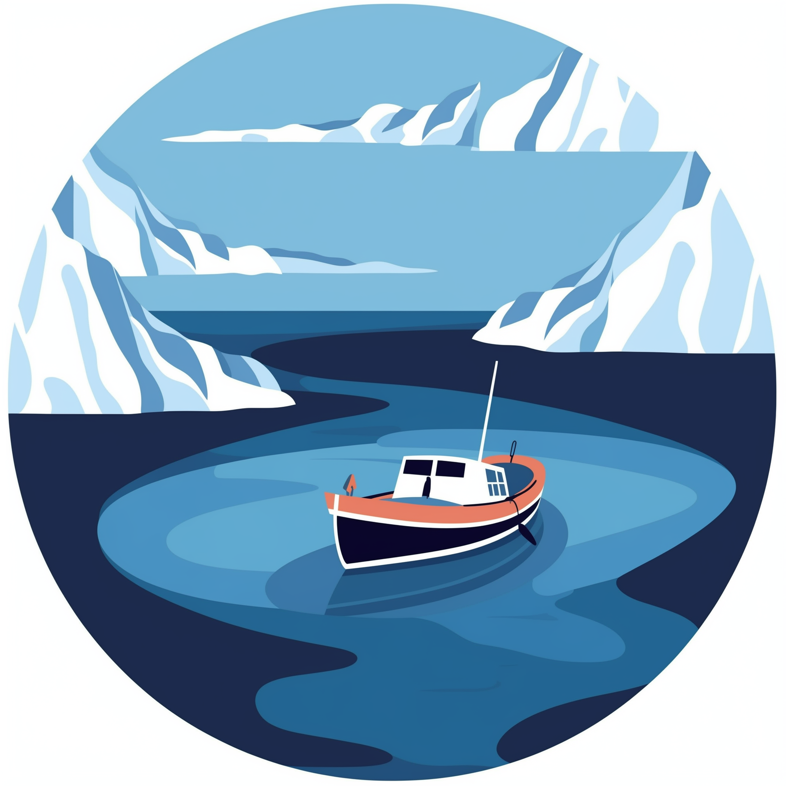 Ein Malen-nach-Zahlen-Set, das ein Boot vor Eisbergen zeigt und überwiegend in Blau und Weiß gehalten ist.