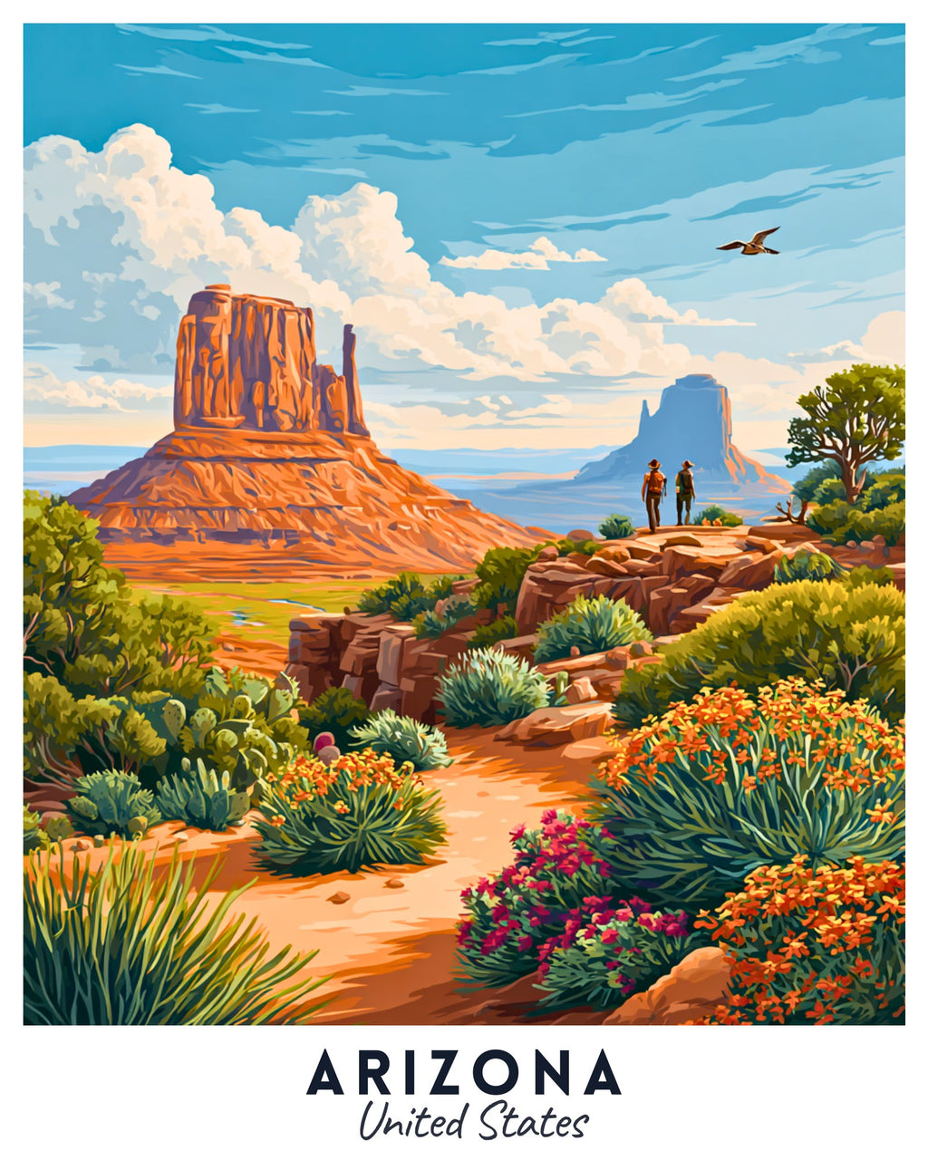 Surreal landscape with rock formations and people standing on a hill, labeled 'Arizona, United States'.
