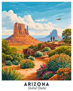 Surreal landscape with rock formations and people standing on a hill, labeled 'Arizona, United States'.