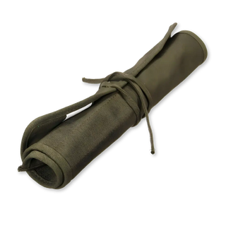 Olive green canvas artist brush roll organizer with brushes and tie closure