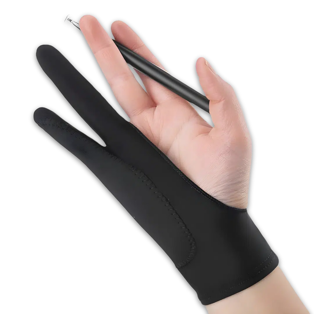 Hand wearing a black glove holding a pen on a white background