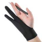Hand wearing a black glove holding a pen on a white background