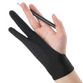 Hand wearing a black glove holding a pen on a white background