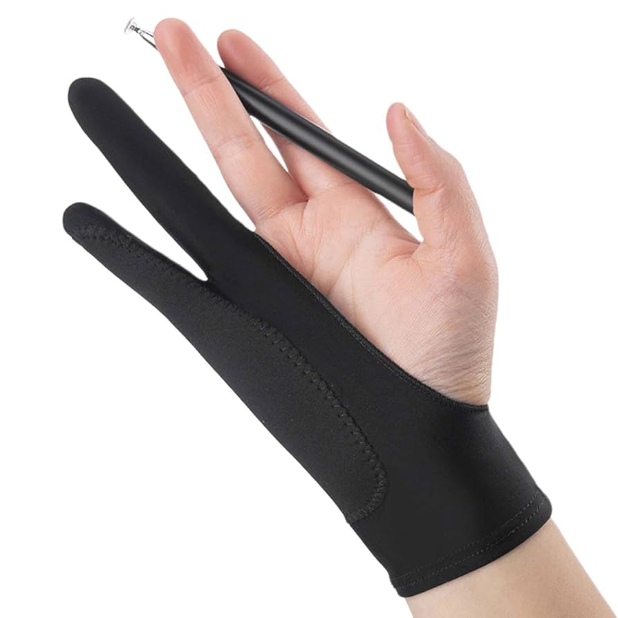 Hand wearing a black glove holding a pen on a white background