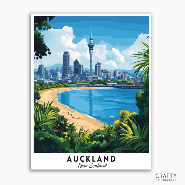 A paint by numbers travel poster depicting the cityscape of Auckland, New Zealand with the Sky Tower, featuring a sandy beach, blue sea, and greenery.