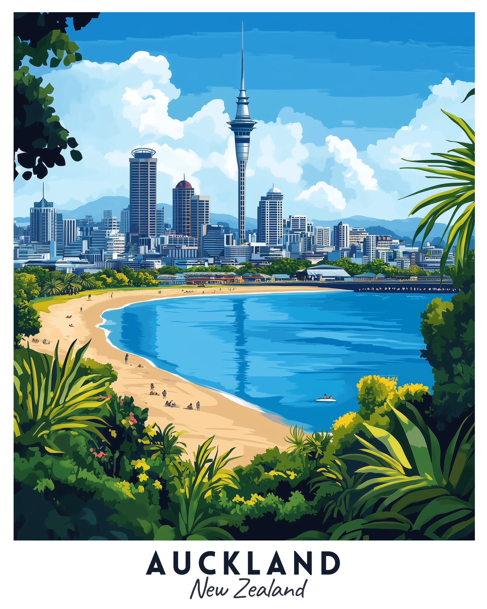 A paint by numbers kit depicting a scenic view of Auckland, New Zealand, with the city skyline and a beach.