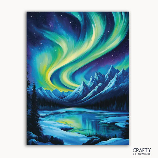 A paint-by-numbers kit depicting the Northern Lights over a lake surrounded by mountains and trees.