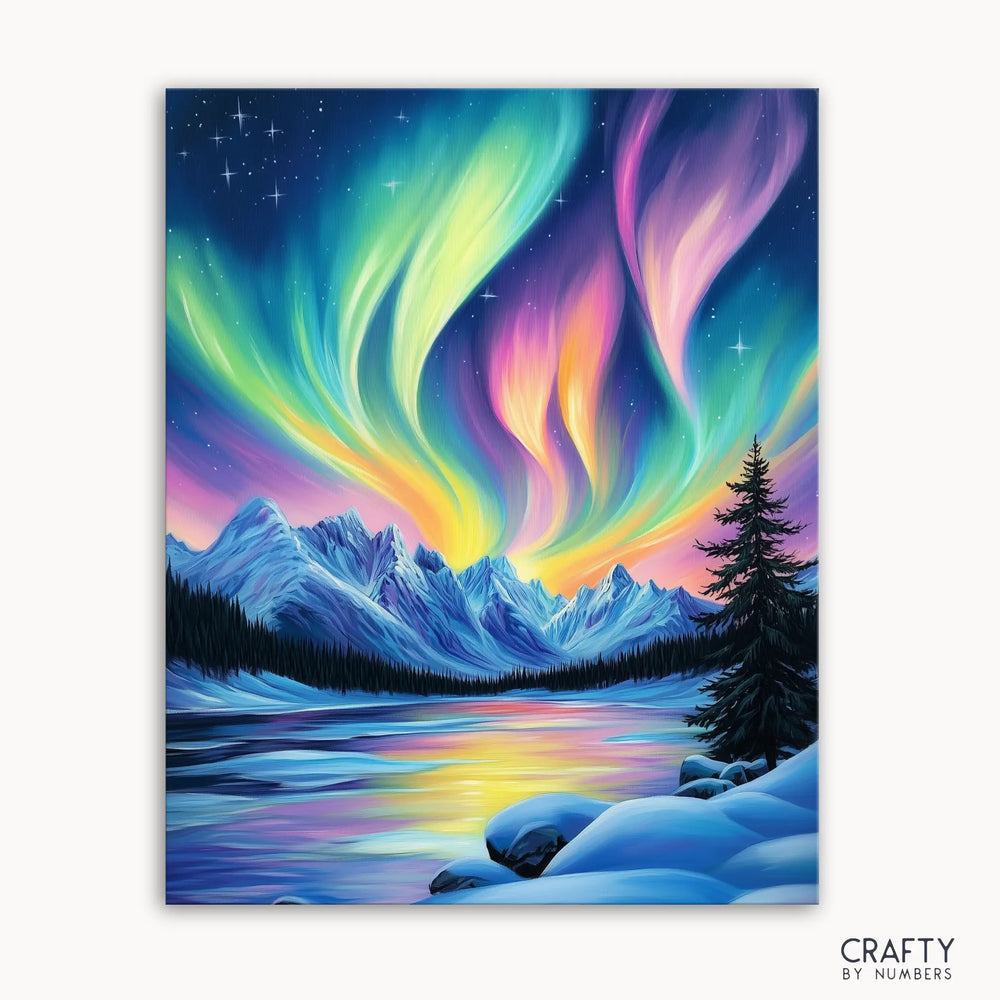 A paint by numbers kit depicting a vibrant aurora borealis over icy mountains and a river with a pine tree in the foreground.