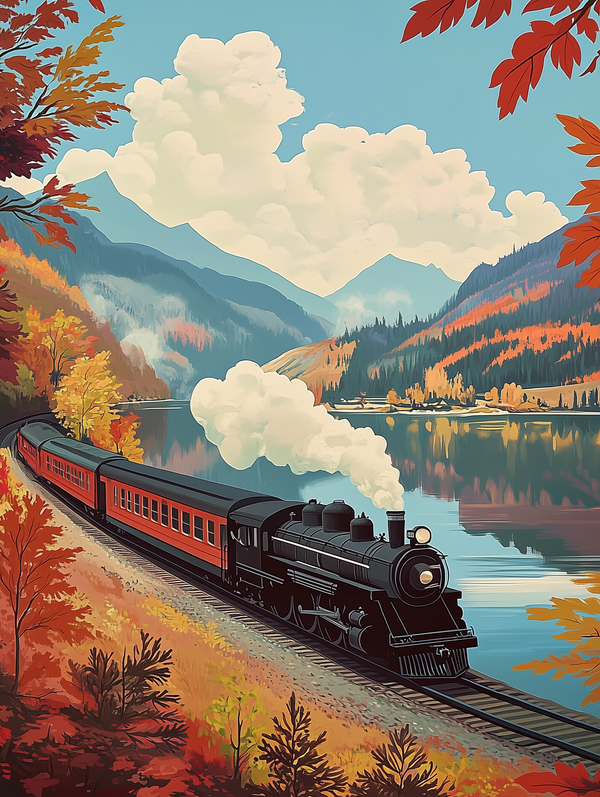 A paint-by-numbers kit depicting a vintage train, the Autumn Express, traveling through a scenic landscape with mountains, a lake, and fall foliage.