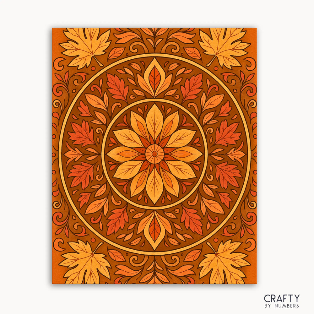 Autumn Leaves Mandala Paint by Numbers kit featuring a warm mandala design with golden hues, swirling autumn foliage, and rich fall colors