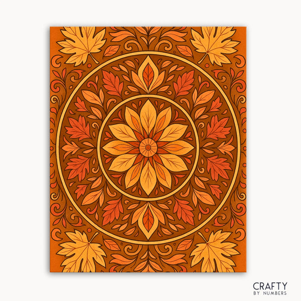 Autumn Leaves Mandala Paint by Numbers kit featuring a warm mandala design with golden hues, swirling autumn foliage, and rich fall colors
