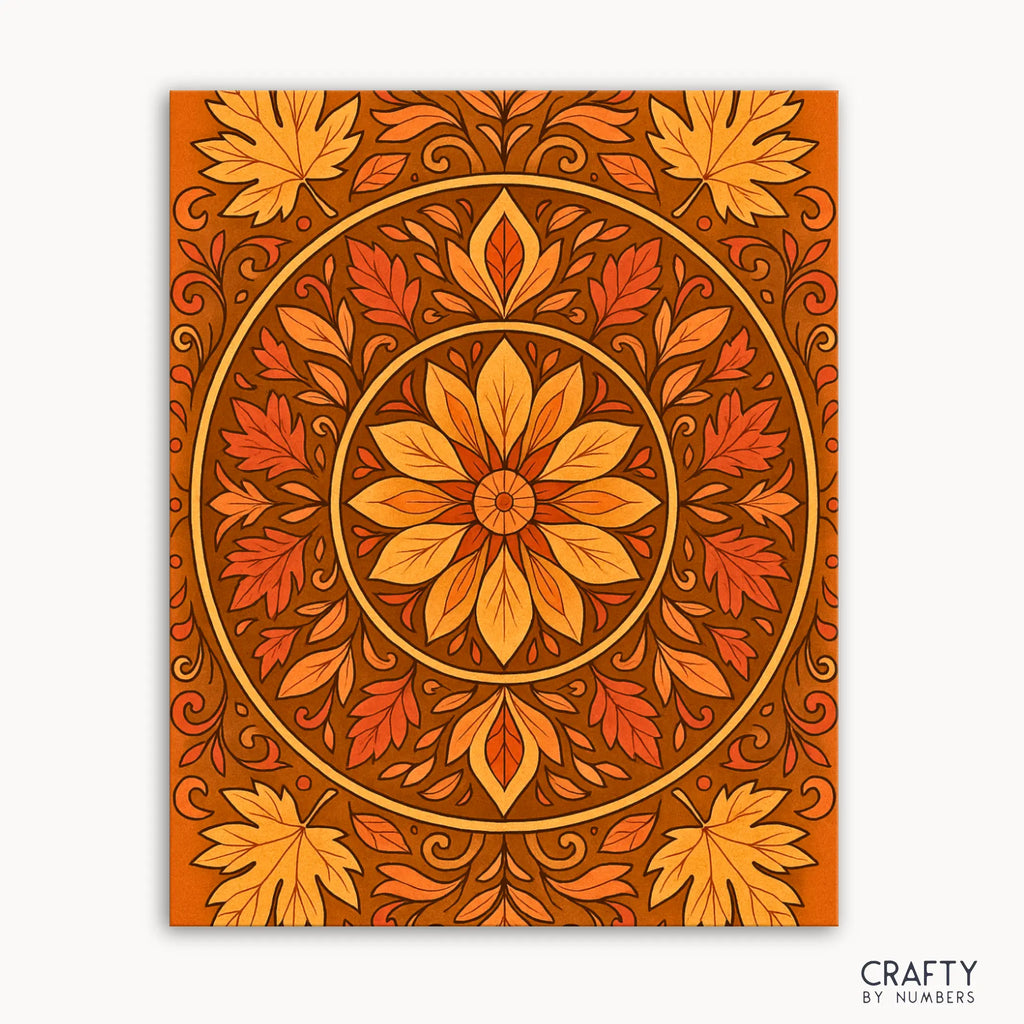 Autumn Leaves Mandala Paint by Numbers kit featuring a warm mandala design with golden hues, swirling autumn foliage, and rich fall colors