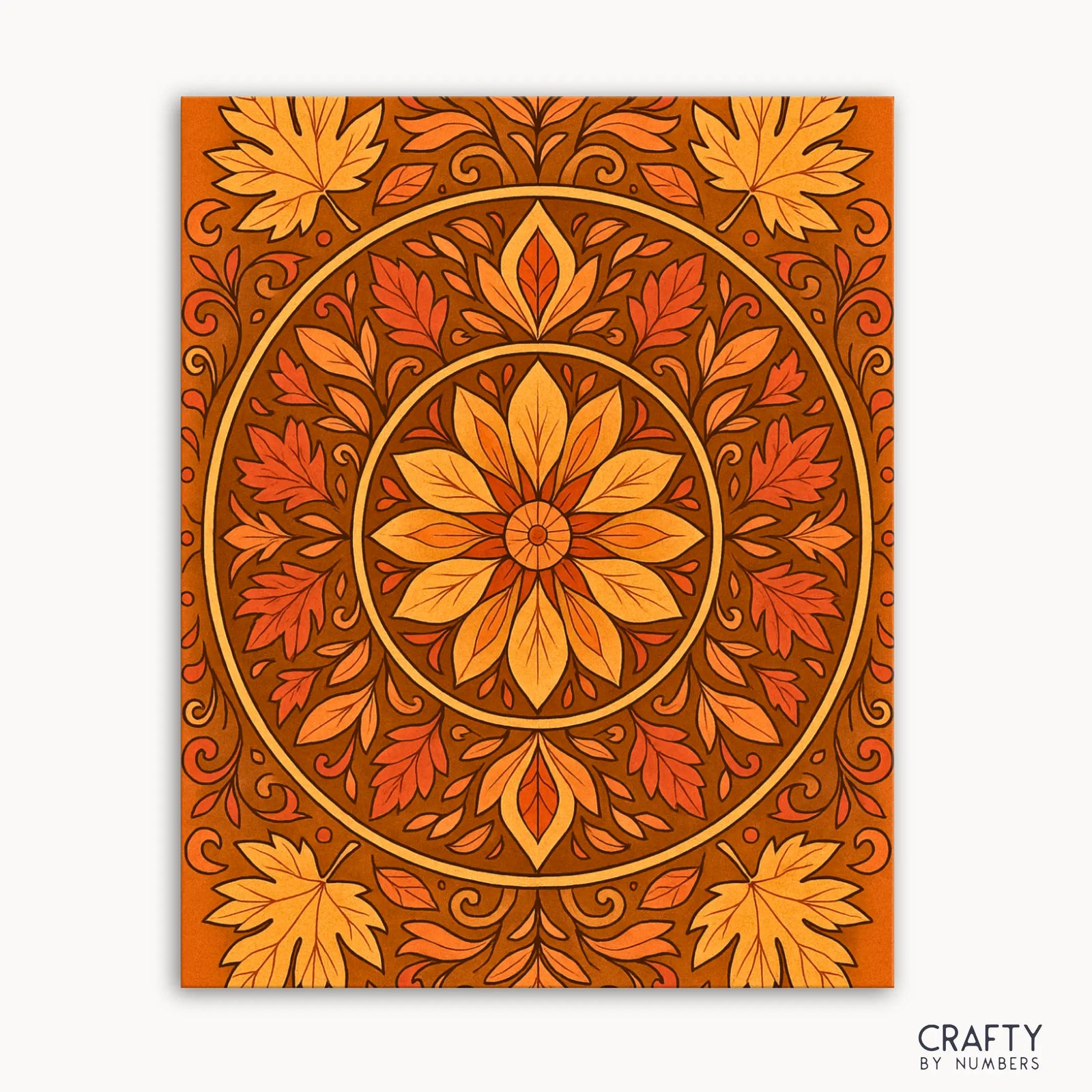 Kit de pintura por números Mandala de hojas de otoño que presenta un cálido diseño de mandala con tonos dorados, follaje otoñal arremolinado y ricos colores otoñales.