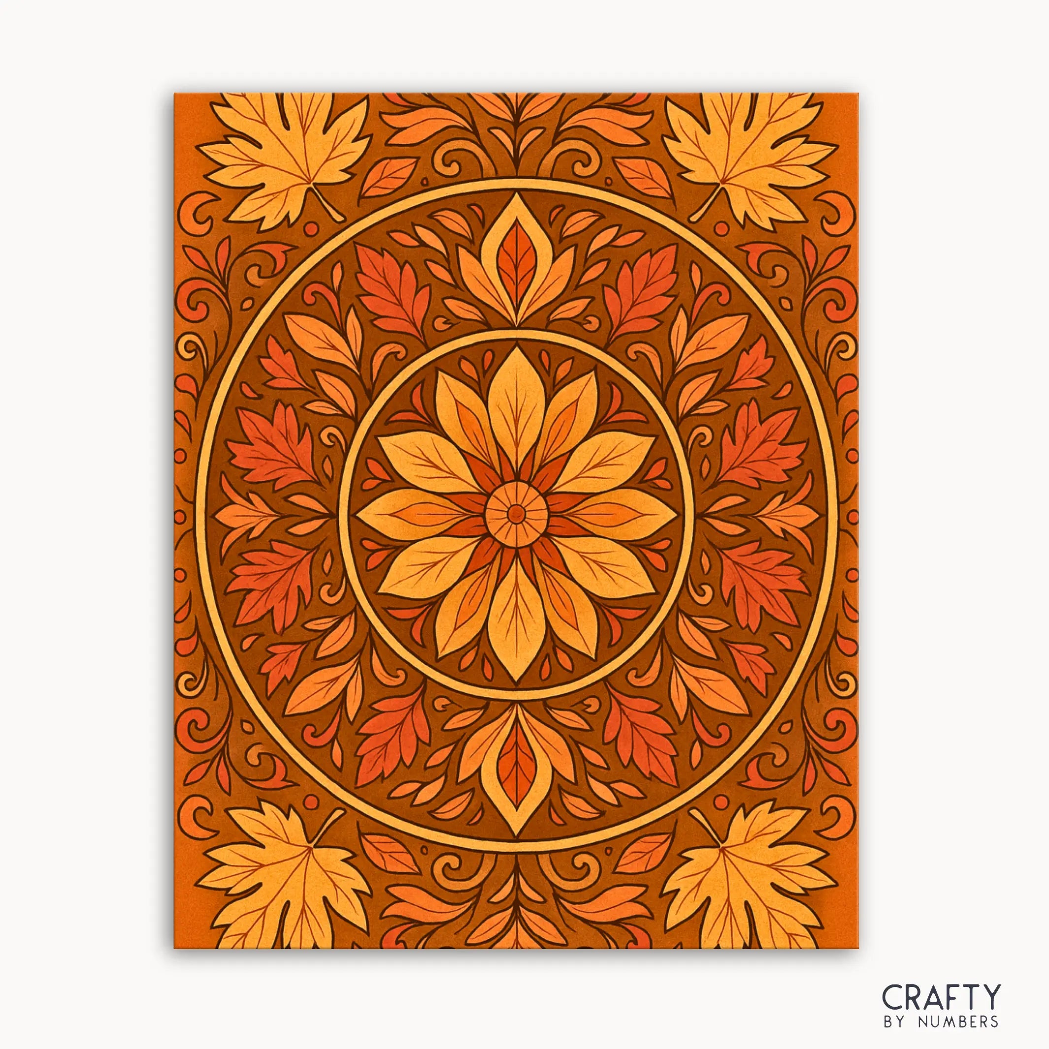 Autumn Leaves Mandala Paint by Numbers kit featuring a warm mandala design with golden hues, swirling autumn foliage, and rich fall colors