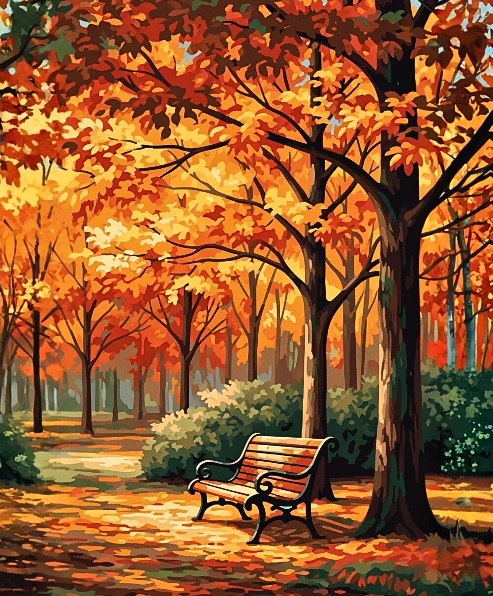 Escena de otoño con un banco bajo árboles coloridos