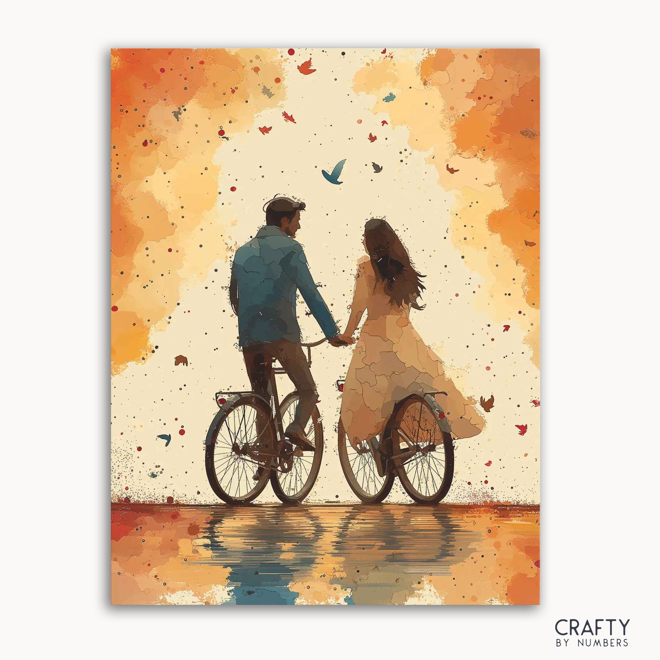 A paint-by-numbers kit depicting a couple riding a bicycle in autumn with leaves scattered around, titled 'Autumnal Ride'.