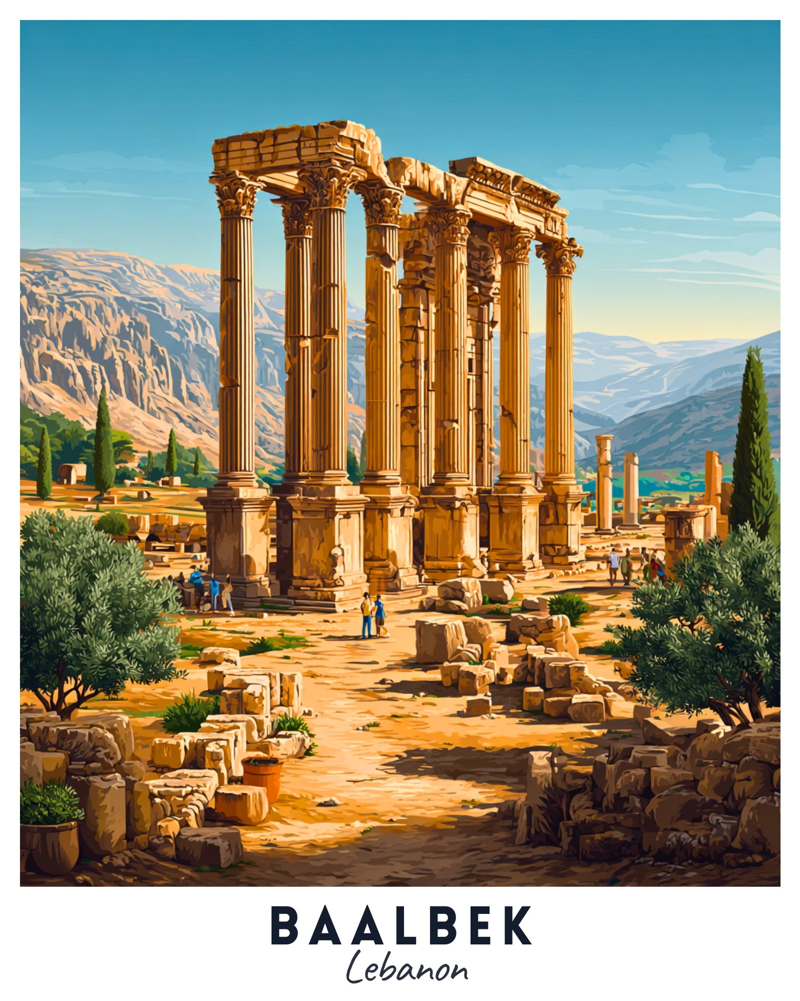 Ancient temple ruins in Baalbek, Lebanon with mountains in the background