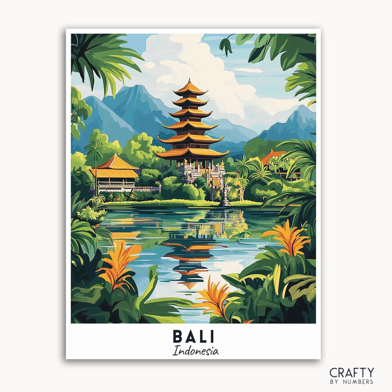 A paint by numbers kit depicting a travel poster of Bali, Indonesia with a temple, mountains, sky, trees, and water.