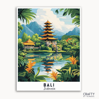 Un kit de pintura por números que representa un cartel de viaje de Bali, Indonesia, con un templo, montañas, cielo, árboles y agua.