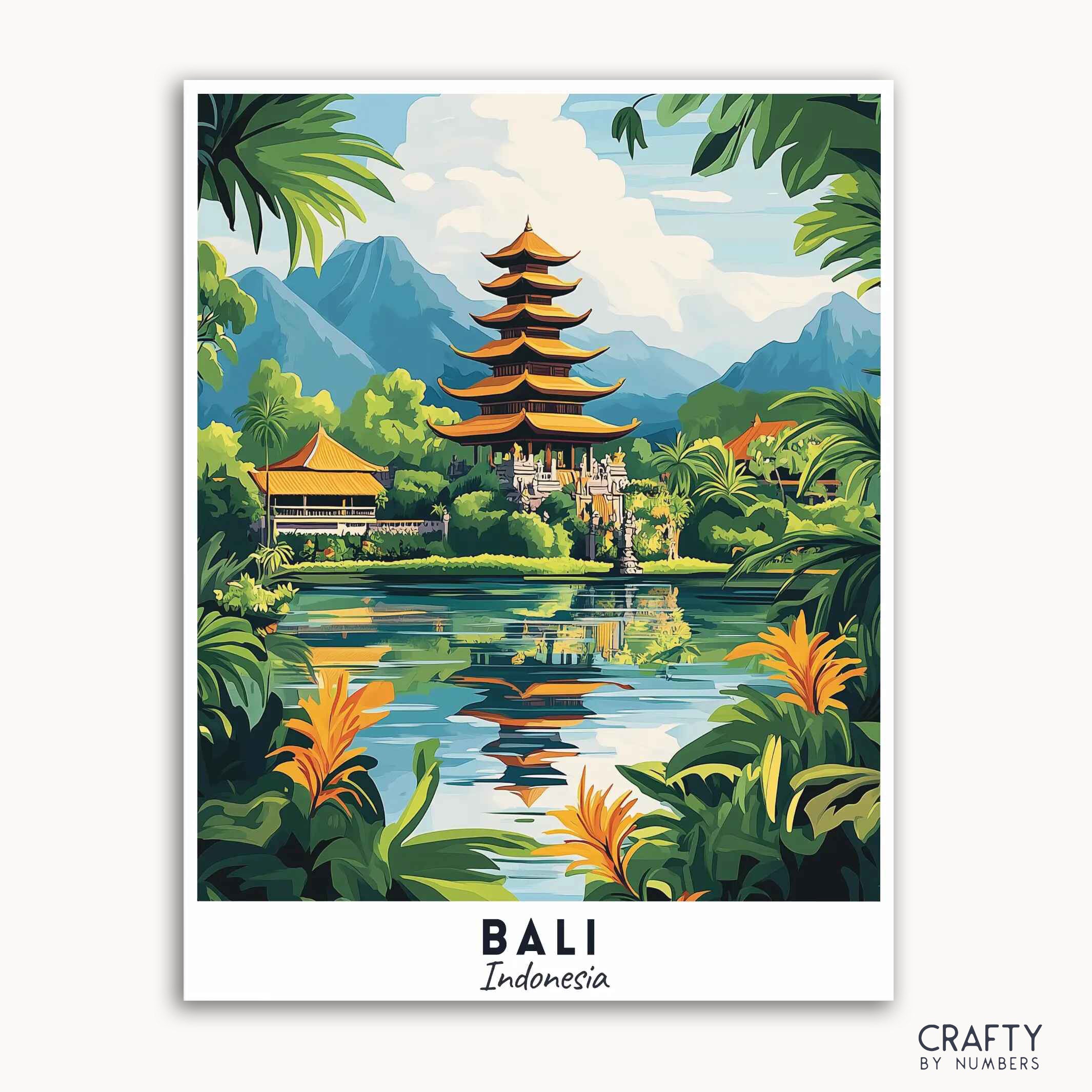 A paint by numbers kit depicting a travel poster of Bali, Indonesia with a temple, mountains, sky, trees, and water.