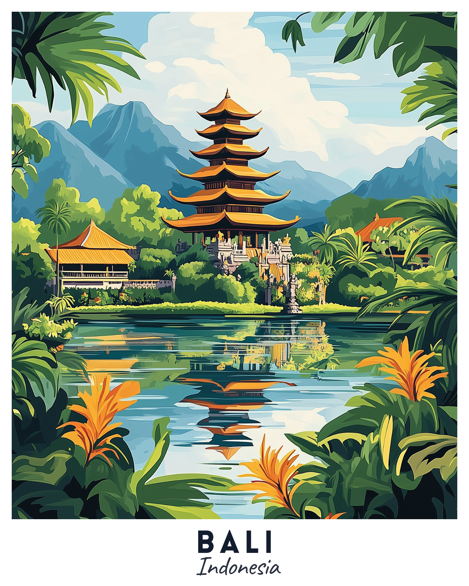 A paint by numbers kit depicting the Ulun Danu Beratan Temple in Bali, Indonesia, with vibrant colors and tropical surroundings.