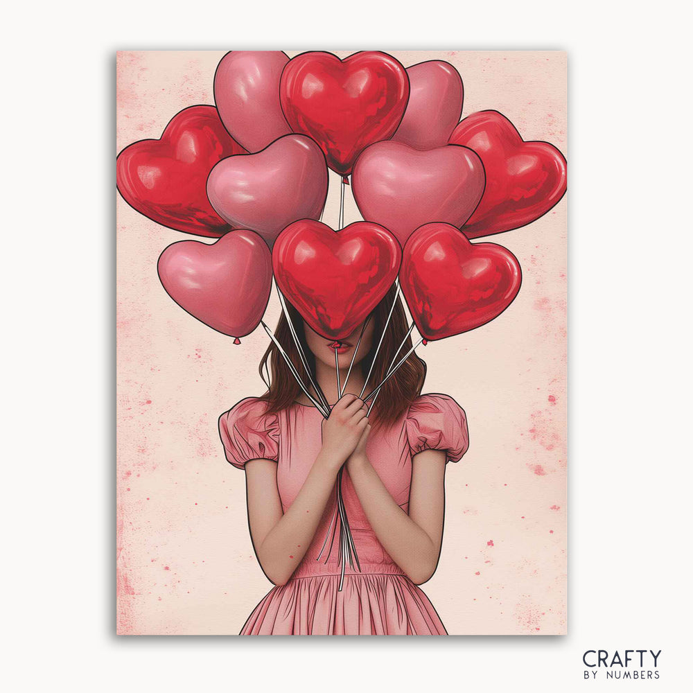 A paint-by-numbers kit image featuring a person with red heart-shaped balloons covering their head, on a pink background.